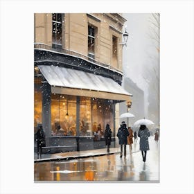 Paris cafes, winter season, Christmas, autumn oil colors, pale colors, pedestrians in the street, winter clothes, falling snow.Christmas decorations.1 1 Canvas Print