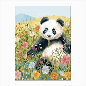 Giant Panda Cub In A Field Of Flowers Storybook Illustration 2 Canvas Print