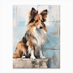 Shetland Sheepdog Dog, Painting In Light Teal And Brown 3 Canvas Print