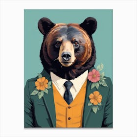 Floral Black Bear Portrait In A Suit (21) Canvas Print