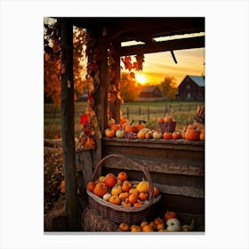 An Inviting Rustic Farm With Vegetables Like Corn Pumpkins Squash Elegantly Arranged In A Wooden B (5) Canvas Print