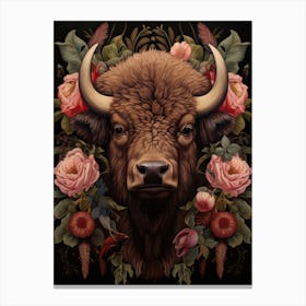 American Bison With Rustic Flowers 2 Canvas Print