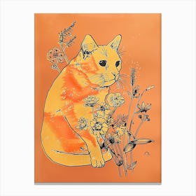 Cute Orange Cat With Flowers Illustration 3 Canvas Print