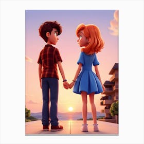 Boy And Girl Holding Hands Sunset View Canvas Print
