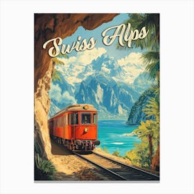 Red Steam Locomotive Souvenir: Vintage Swiss Alps Poster Canvas Print