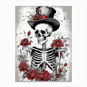 Floral Skeleton With Hat Ink Painting (1) Canvas Print