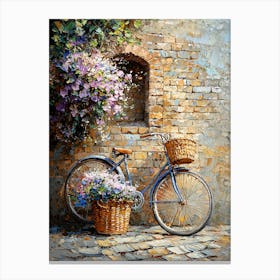 Vintage Bicycle With Flowers By Brick Wall – Rustic Cottagecore Art Print Canvas Print