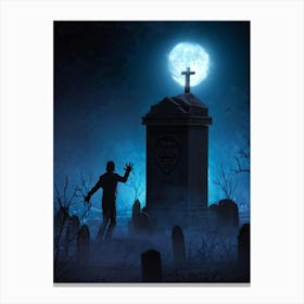 A Zombie Hand Breaking Through The Earth In A Dark Cemetery Fear Palpable In The Scarey Silhouette (5) Canvas Print