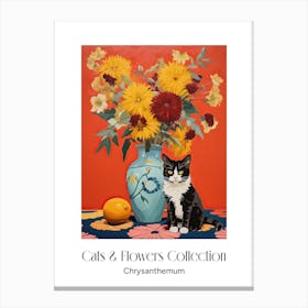 Cats & Flowers Collection Chrysanthemum Flower Vase And A Cat, A Painting In The Style Of Matisse 0 Canvas Print