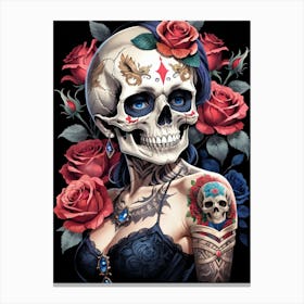 Sugar Skull Girl With Roses Painting (2) Canvas Print