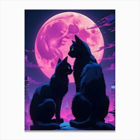 Two Black Cats Silhouetted Under A Pink Moon In A Neon Cityscape Canvas Print