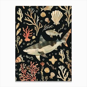 Smallscale Cookiecutter Shark Seascape Black Background Illustration 2 Canvas Print