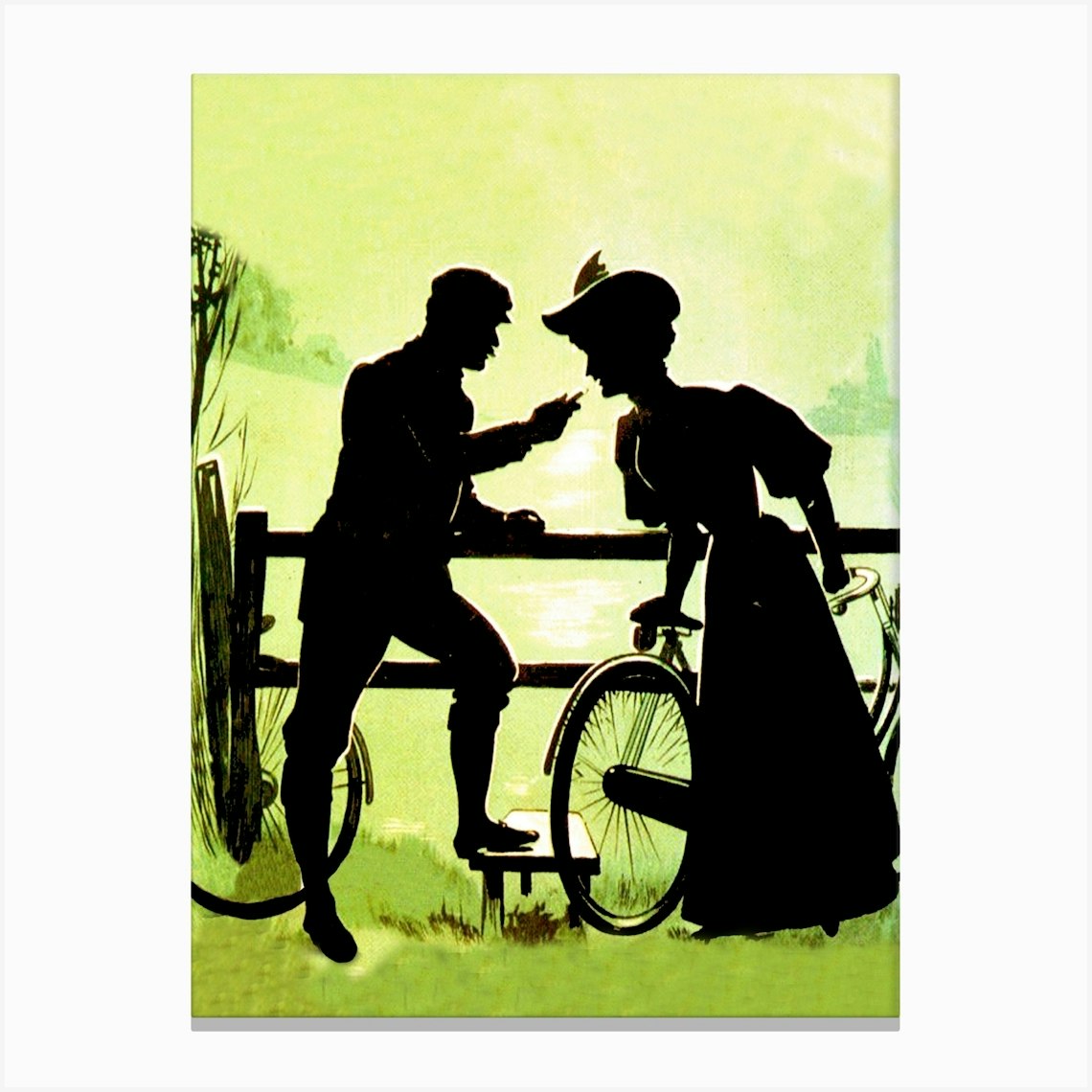 Bicycling Couple Silhouette, Vintage Poster Canvas Print by Vintage Spirit