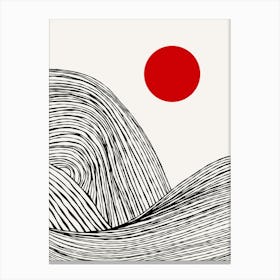 Zen Waves on Red Sun – Minimal Abstract Black & White Japandi (1/2) Canvas Print