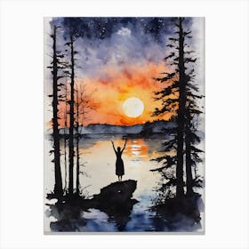 Sunset By The Lake - Full Moon Abundance Adoration Gratitude Contemplating Serenity Calm Yoga Meditating Spiritual Grounding Heart Open Buddhist Indian Travel Guidance Wisdom Peace Love Witchy Beautiful Watercolor Woman Trees Blue Silhouette Canvas Print