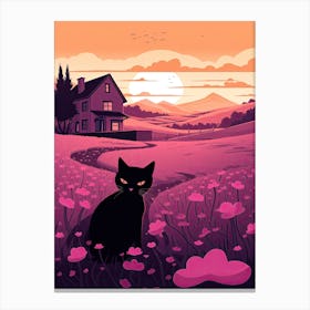 A Black Cat In A Lavender Field 3 Canvas Print