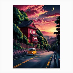 Anime Canvas Art: Sunset Hillside with Red Japanese House, Yellow Van, and Vibrant Sky, Perfect for Lofi Aesthetic and Peaceful Ambiance Enthusiasts. Canvas Print