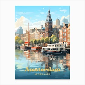 Amsterdam Netherlands Sunset Canal Ride Travel Illustration 1 Canvas Print