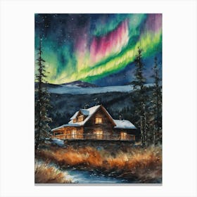The Northern Lights - Aurora Borealis Rainbow Winter Snow Scene of Lapland Iceland Finland Norway Sweden Forest Lake Watercolor Beautiful Celestial Artwork for Home Gallery Wall Magical Etheral Dreamy Traditional Christmas Greeting Card Painting of Heavenly Fairylights 6 Canvas Print