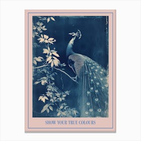 Peacock In The Leaves Cyanotype Inspired 3 Poster Canvas Print