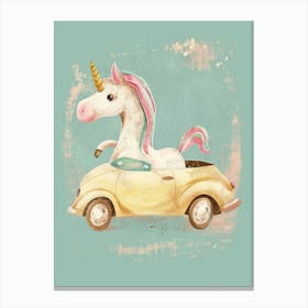 Storybook Style Unicorn Driving A Car Canvas Print