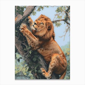 Barbary Lion Relief Illustration Climbing A Tree 3 Canvas Print