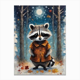 Cottagecore Baby Rocket Raccoon in Autumn Winter Forest - Acrylic Paint Little Fall Raccoon in Shirt with Falling Leaves at Night, Perfect for Witchcore Cottage Core Pagan Tarot Celestial Zodiac Gallery Feature Wall Beautiful Woodland Creatures Series HD Canvas Print