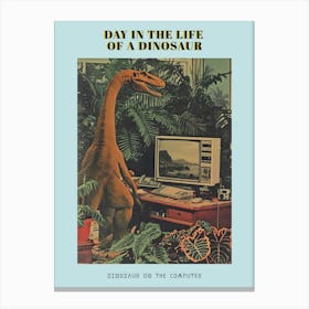 Dinosaur At A Computer Retro Collage 1 Poster Canvas Print