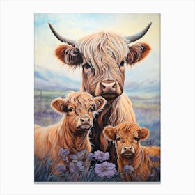 Highland Cow & Calves Simple Line Illustration 1 Canvas Print