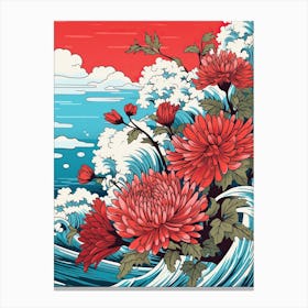 Great Wave With Aster Flower Drawing In The Style Of Ukiyo E 2 Canvas Print