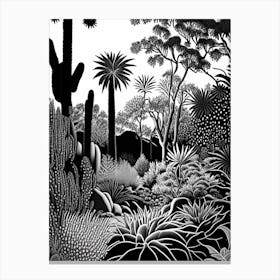Huntington Desert Garden, 1, Usa Linocut Black And White Vintage Canvas Print