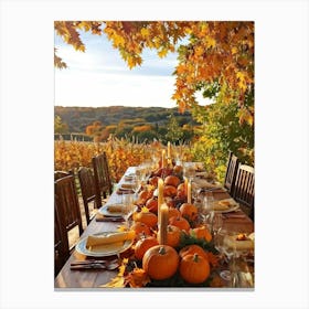 An Autumnal Thanksgiving Dinner Setting Where The Wooden Table Basks Under Golden Afternoon Sun A (3) Canvas Print