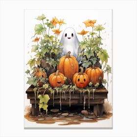 Cute Bedsheet Ghost, Botanical Halloween Watercolour 135 Canvas Print
