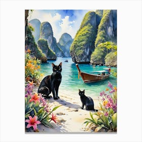 Black Cats in Thailand - Watercolour Mama Cat and Kitten at the Beach Phi Phil Islands Krabi Backpacking Travel Art Perfect Print for Gallery Feature Wall - Wicca Pagan Tropical Exotic Paradise Canvas Print