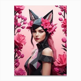Low Poly Fox Girl,Black And Pink Flowers (13) Canvas Print