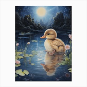 Duckling Swimming In The Pond In The Moonlight Pencil Illustration 3 Canvas Print