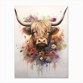 Floral Watercolour Portrait Of Highland Cow Canvas Print