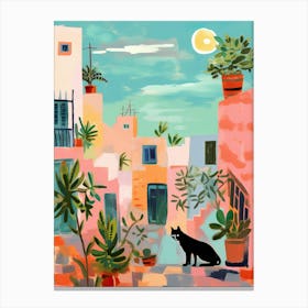 Morocco Street With Black Cat Travel Housewarming Painting Canvas Print
