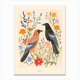 Folksy Floral Animal Drawing Raven 8 Poster Canvas Print
