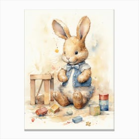 Bunny Playing With Toys Rabbit Prints Watercolour 3 Canvas Print