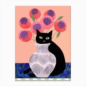 Lazy Black Cat With A Vase With Poppies Illustration Canvas Print