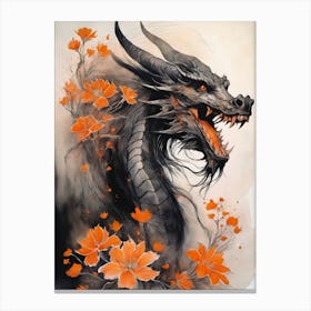 Japanese Dragon Abstract Flowers Painting (6) Canvas Print