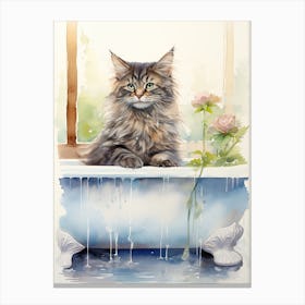 Maine Coon Cat In Bathtub Botanical Bathroom 1 Canvas Print