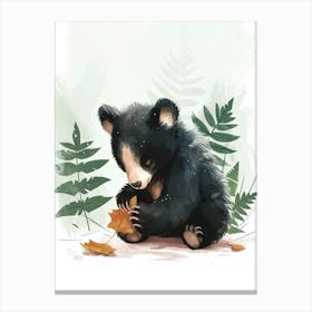 American Black Bear Cub Playing With A Fallen Leaf Storybook Illustration 1 Canvas Print