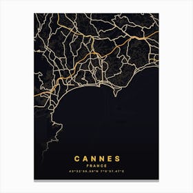 Cannes Alpes France Black And Gold Map Canvas Print