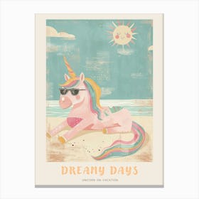 Unicorn Sunbathing On A Beach With The Sun Pastel Storybook Style Poster Canvas Print