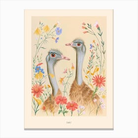 Folksy Floral Animal Drawing Emu Poster Canvas Print