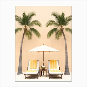 Two Lounge Chairs Under Palm Trees Canvas Print