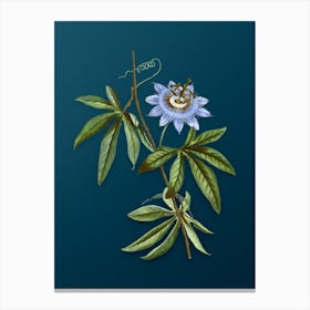 Vintage Blue Passionflower Botanical Art on Teal Blue n.0482 Canvas Print