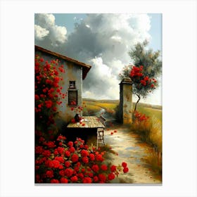 Red Roses Abloom at the Old Farmhouse | Country Living Dreamscape Painting Gallery Wall European Countryside Canvas Print